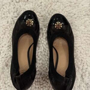 Tory Burch Black Ballet Wedges with Gold Logo Accent